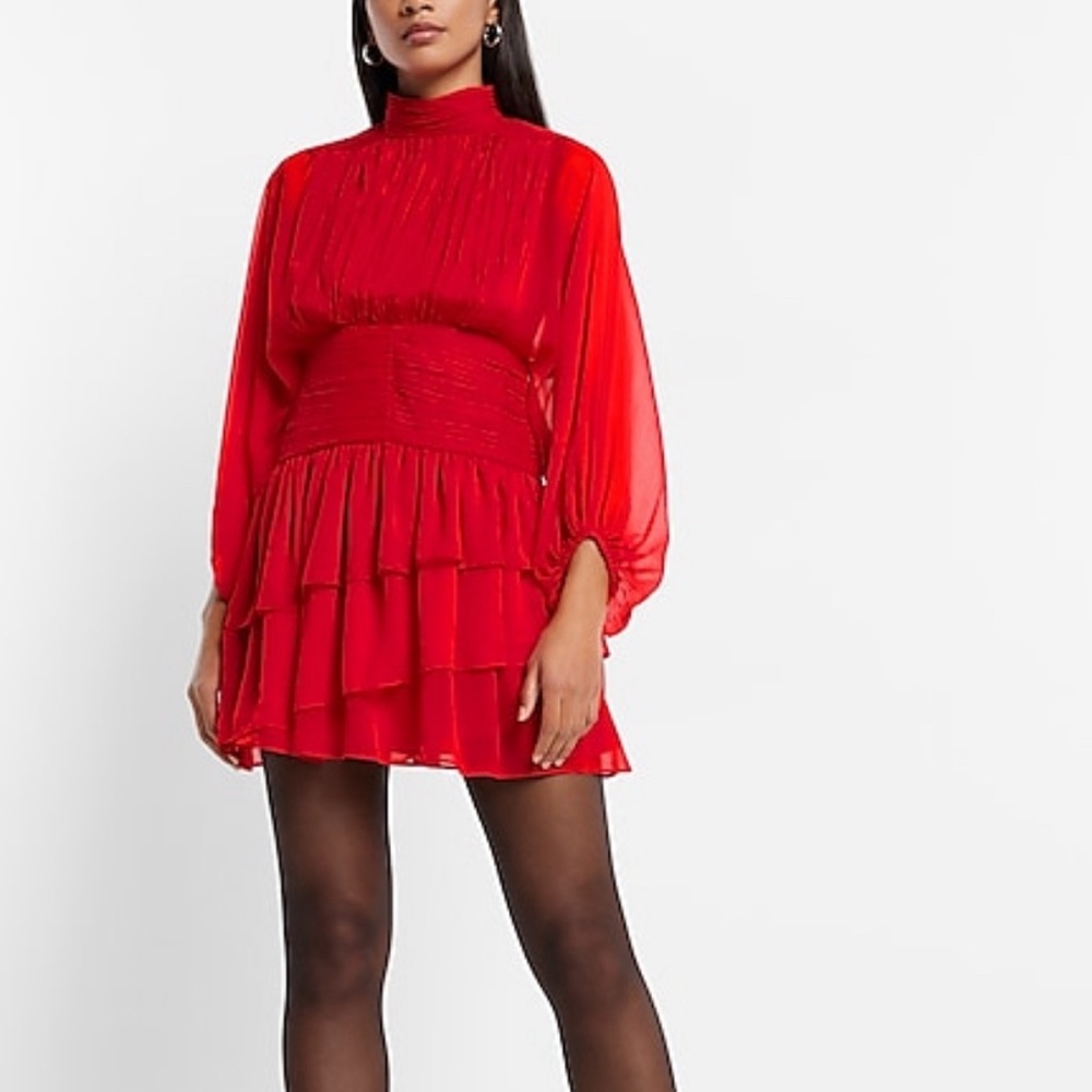 NWT Express Long Sleeve Tiered Ruffle Mini Dress, Lipstick Red, Size 6